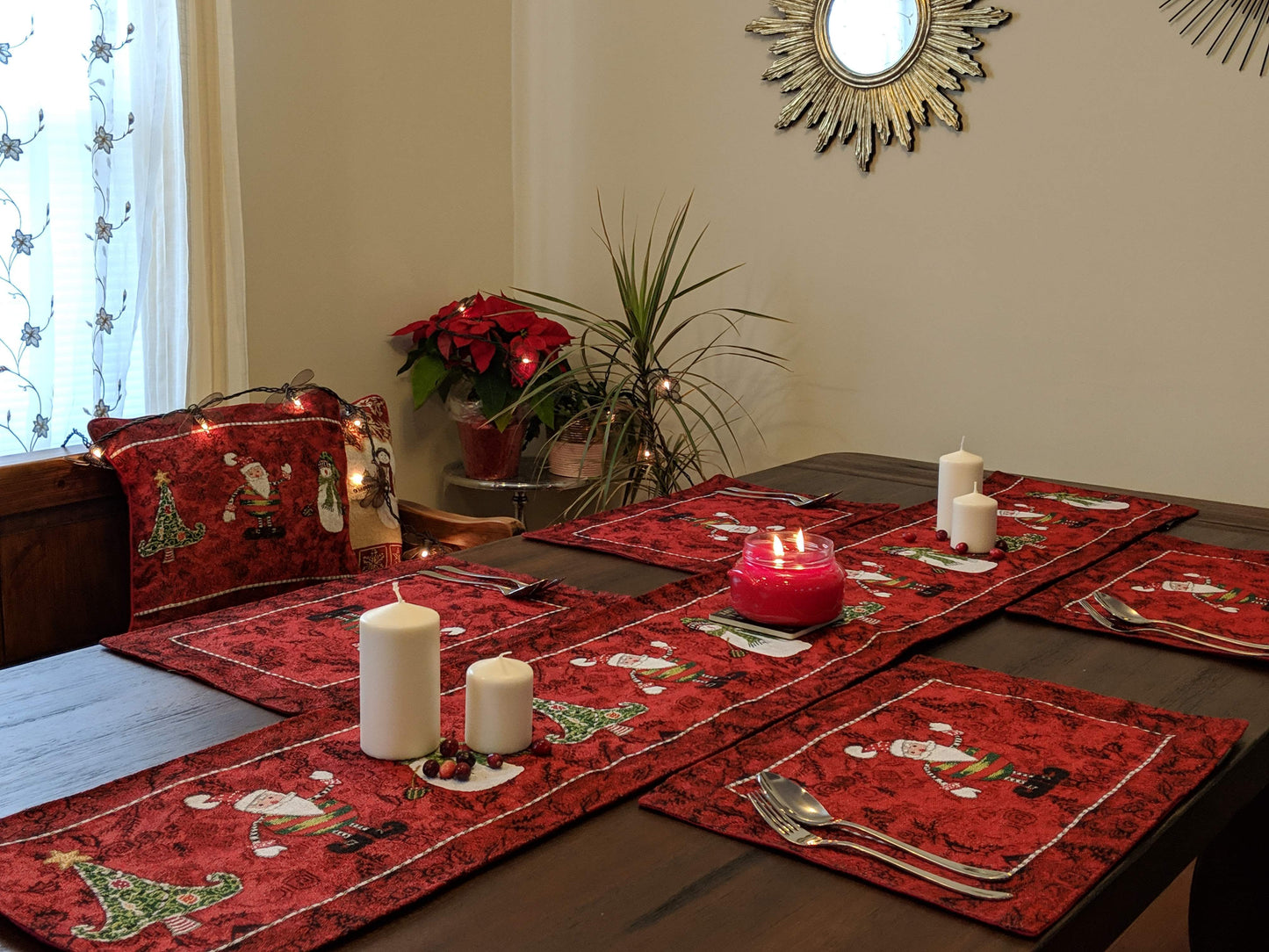 Tache Here Comes Santa Claus Vintage Holiday Woven Tapestry Red Christmas Placemat Set of 4 (8577PM)