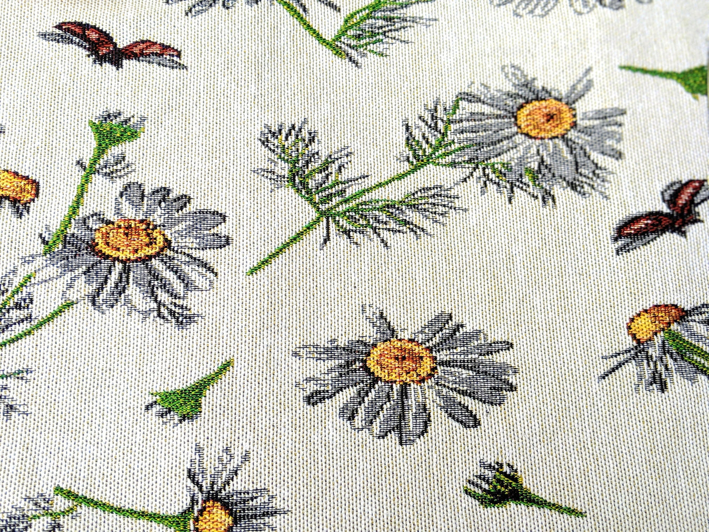 Tache Floral Yellow Daisies Ladybugs Ivory Woven Tapestry Table Runner (18114)