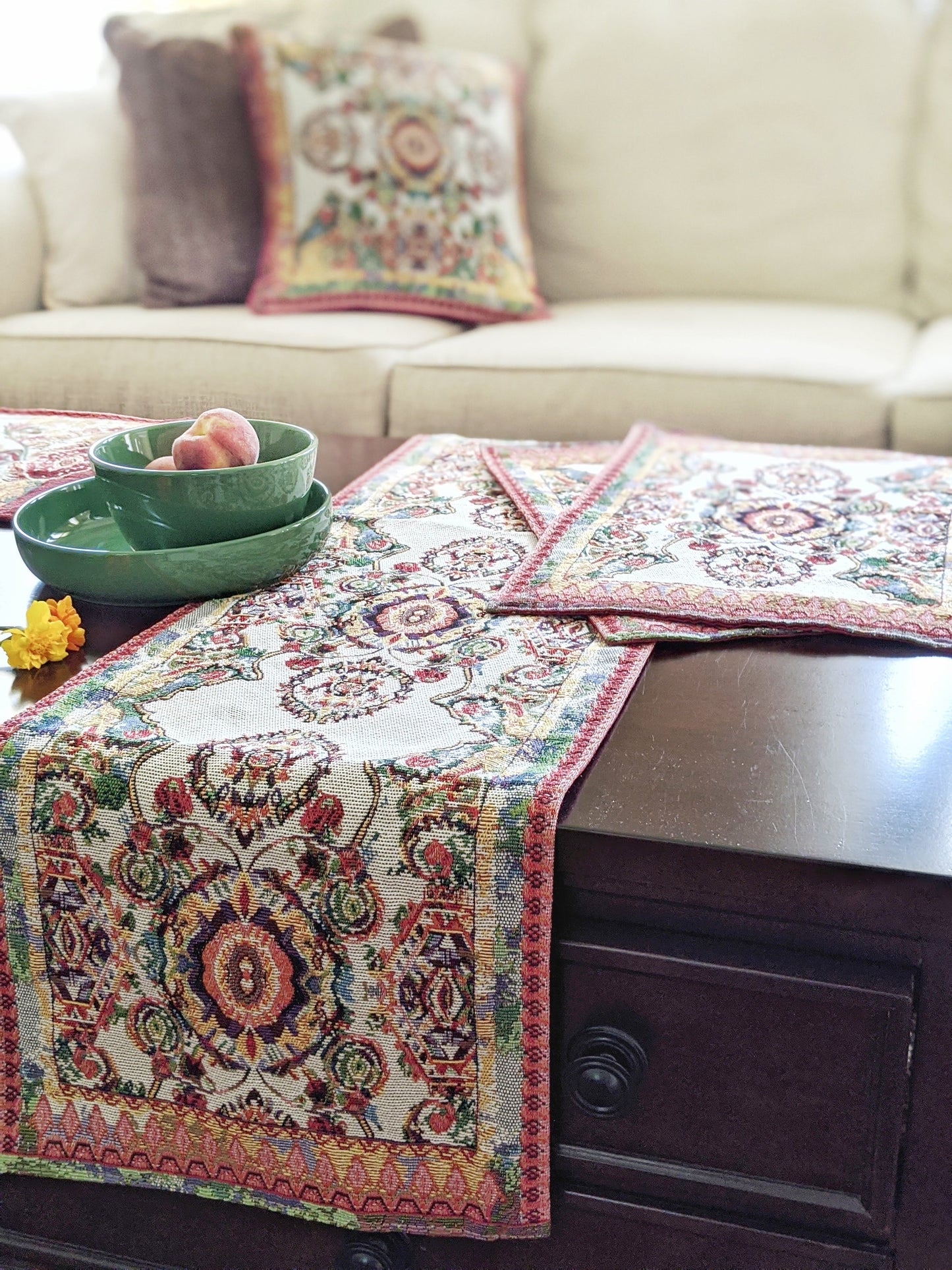 Woven Tapestry Table Runner with Ivory Paisley Medallion Design