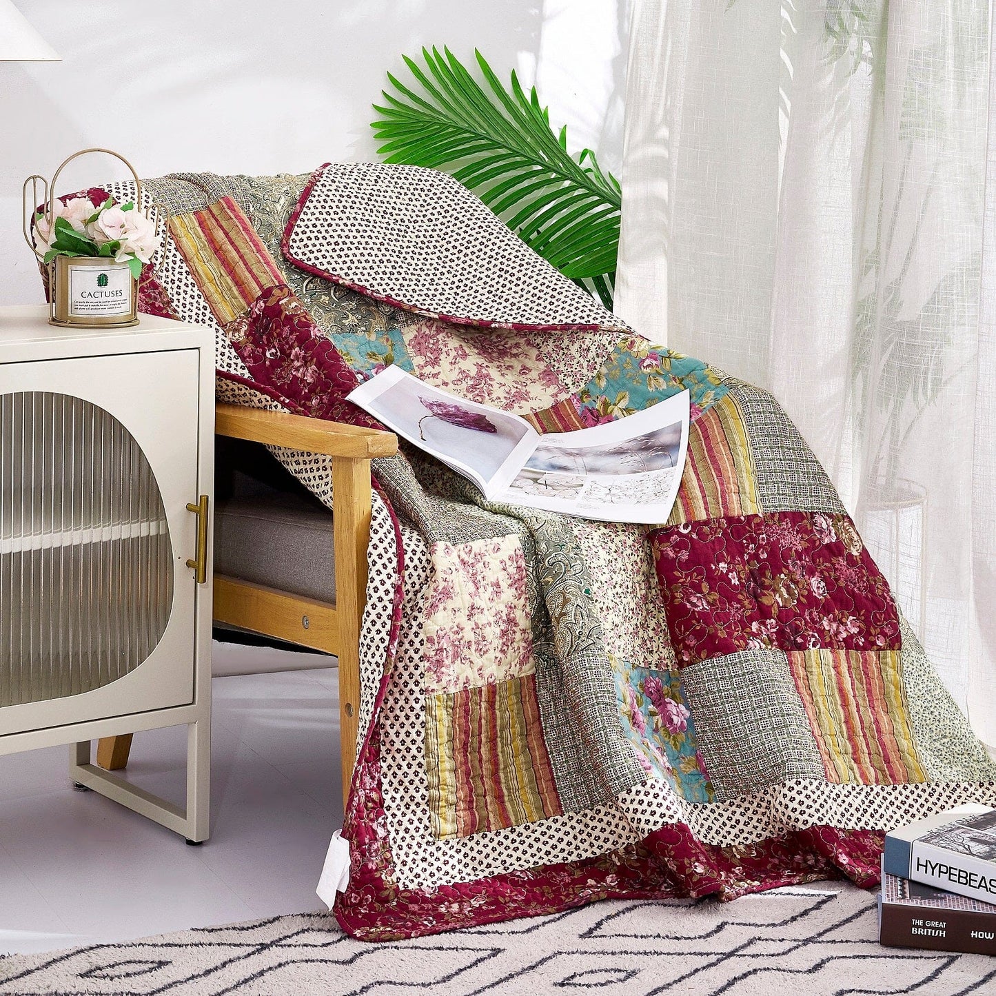 Tache Fairy Tale Tea Party Beige Burgundy Paisley Floral Cotton Patchwork Quilted Throw Blanket (DXJ103443)