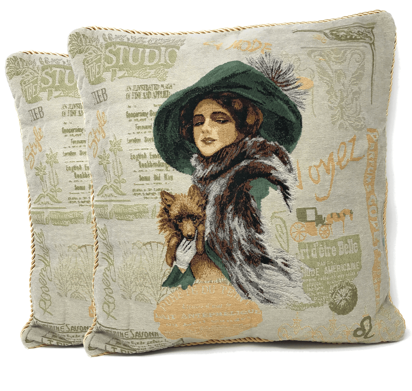 Emerald Green Tapestry Throw Pillow Cover with Puppy Day Out Motif