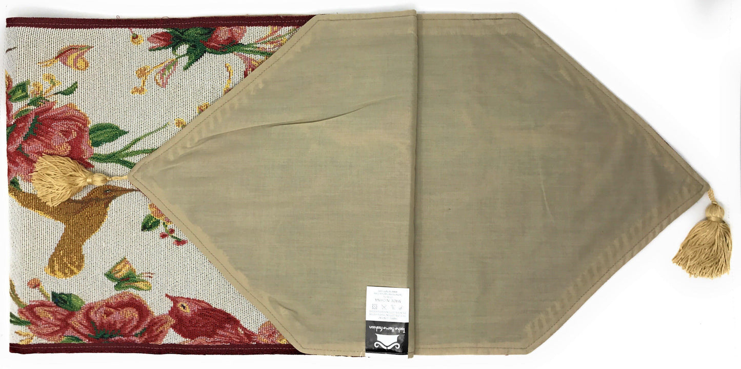 Tache Floral Red Roses Hummingbirds Ivory Woven Tapestry Table Runner (18109)
