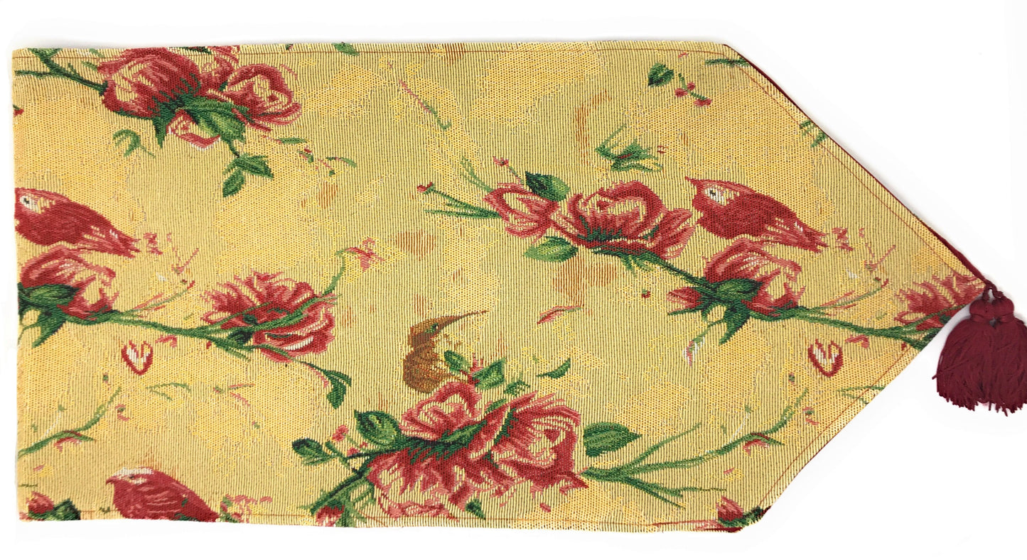 Tache Floral Red Roses Hummingbirds Golden Woven Tapestry Table Runner (18115)