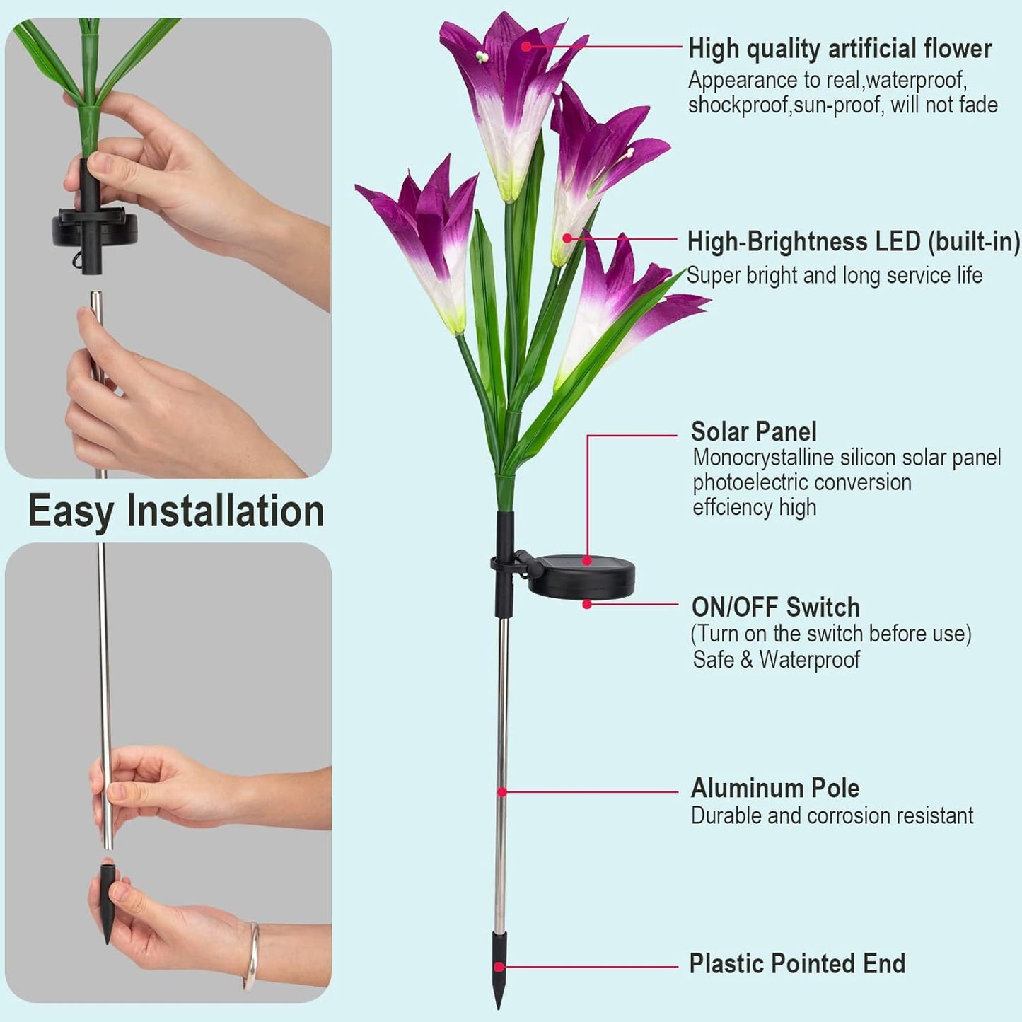 4-Pack Solar Powered Garden Flowers with Lights - Waterproof, Easy Install, No Wiring Needed