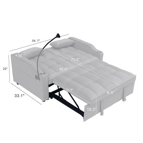 Modern Velvet Sleeper Loveseat with Pullout Bed and USB Ports - Light Gray