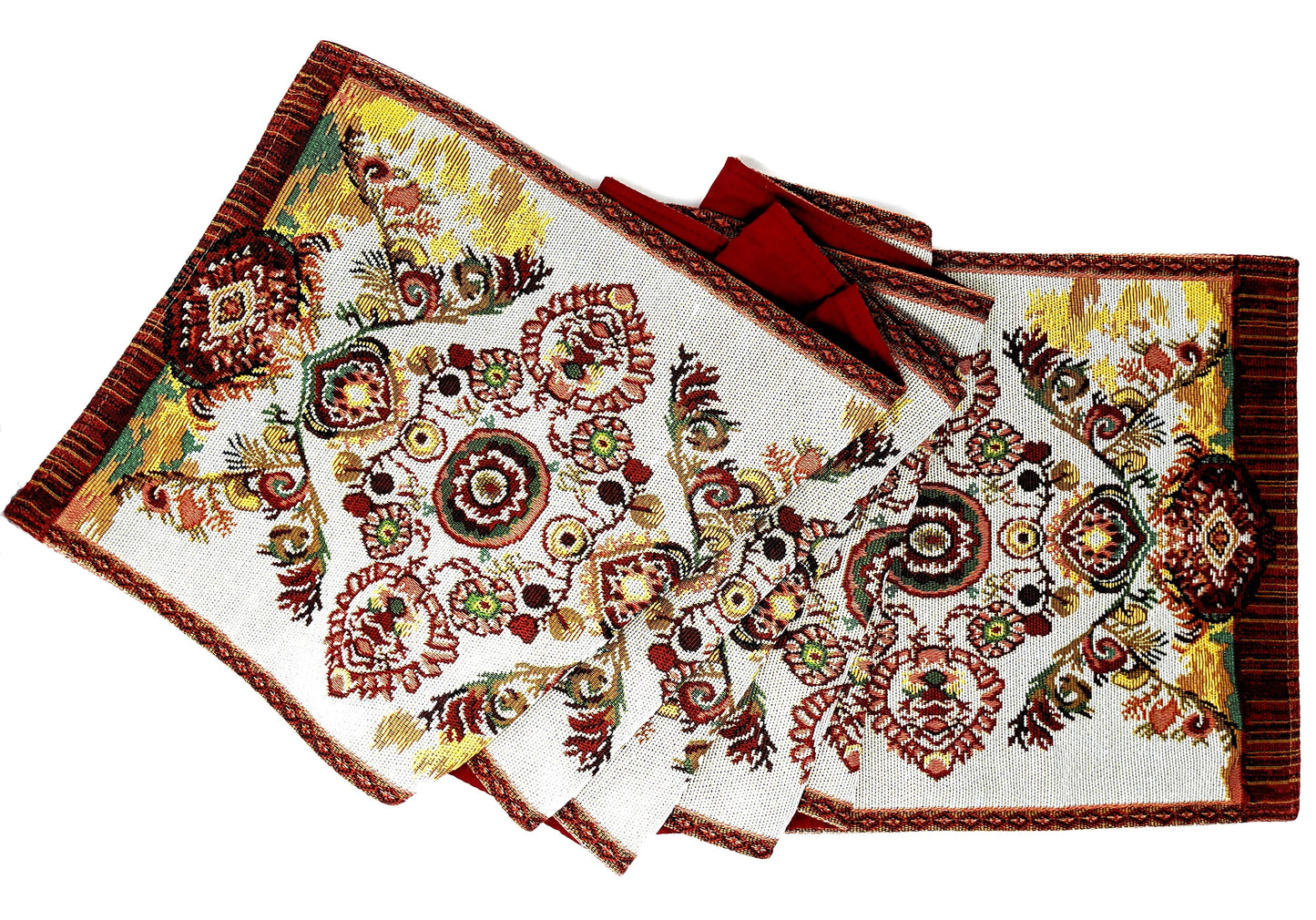 Woven Tapestry Table Runner with Burgundy Paisley Medallion