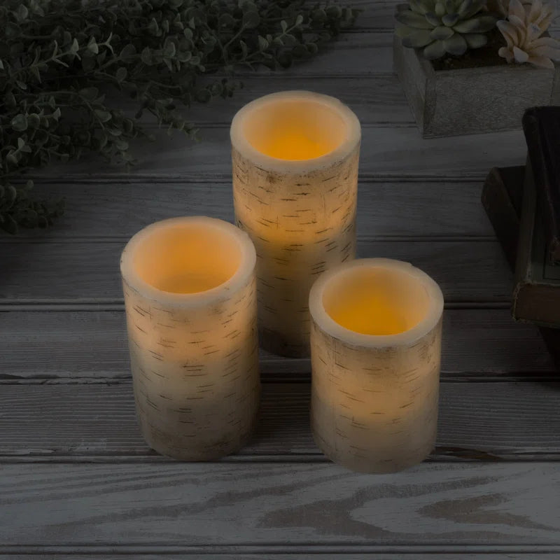 Set of 3 Vanilla Scented Flameless LED Candles – Realistic Faux Birch Bark Look, Dripless Beeswax – Safe & Stylish Indoor/Outdoor Battery Operated Pillar Candles with Remote Control, 6” Tall, Cream Beige