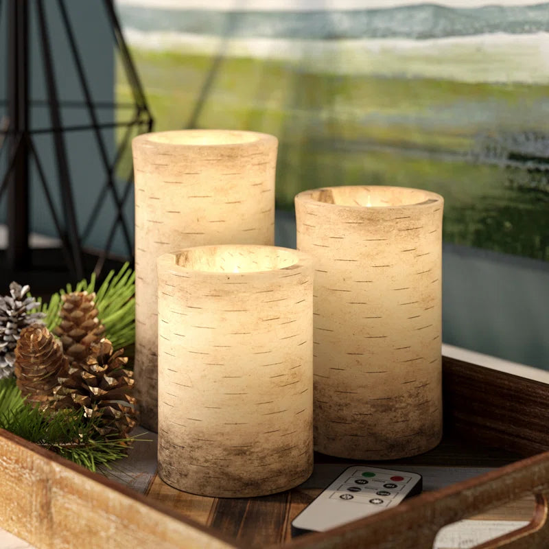 Set of 3 Vanilla Scented Flameless LED Candles – Realistic Faux Birch Bark Look, Dripless Beeswax – Safe & Stylish Indoor/Outdoor Battery Operated Pillar Candles with Remote Control, 6” Tall, Cream Beige
