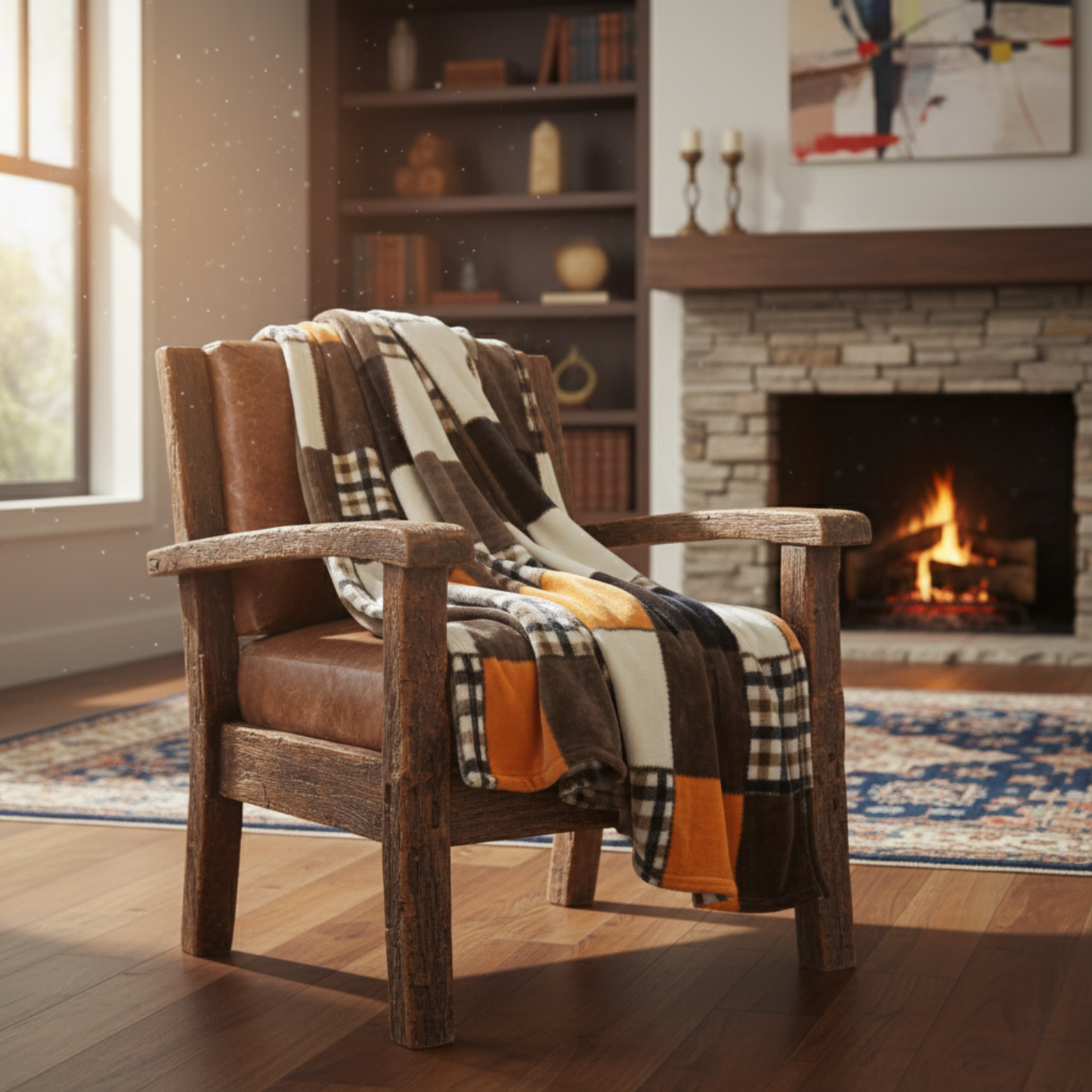 Tache Fall Orange Farmhouse Super Soft Micro Fleece Plaid Patchwork Plush Lightweight Bed Throw Blanket (4021)