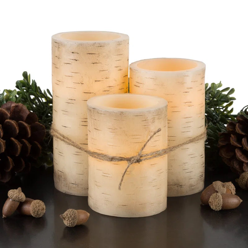 Set of 3 Vanilla Scented Flameless LED Candles – Realistic Faux Birch Bark Look, Dripless Beeswax – Safe & Stylish Indoor/Outdoor Battery Operated Pillar Candles with Remote Control, 6” Tall, Cream Beige
