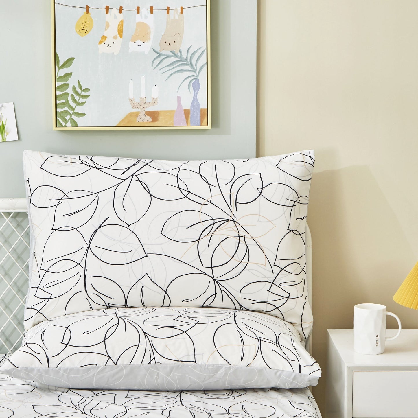 Tache Modern Abstract Leaf Line Art Foliage White Grey Black Gold Pillowcases (TJ3571)