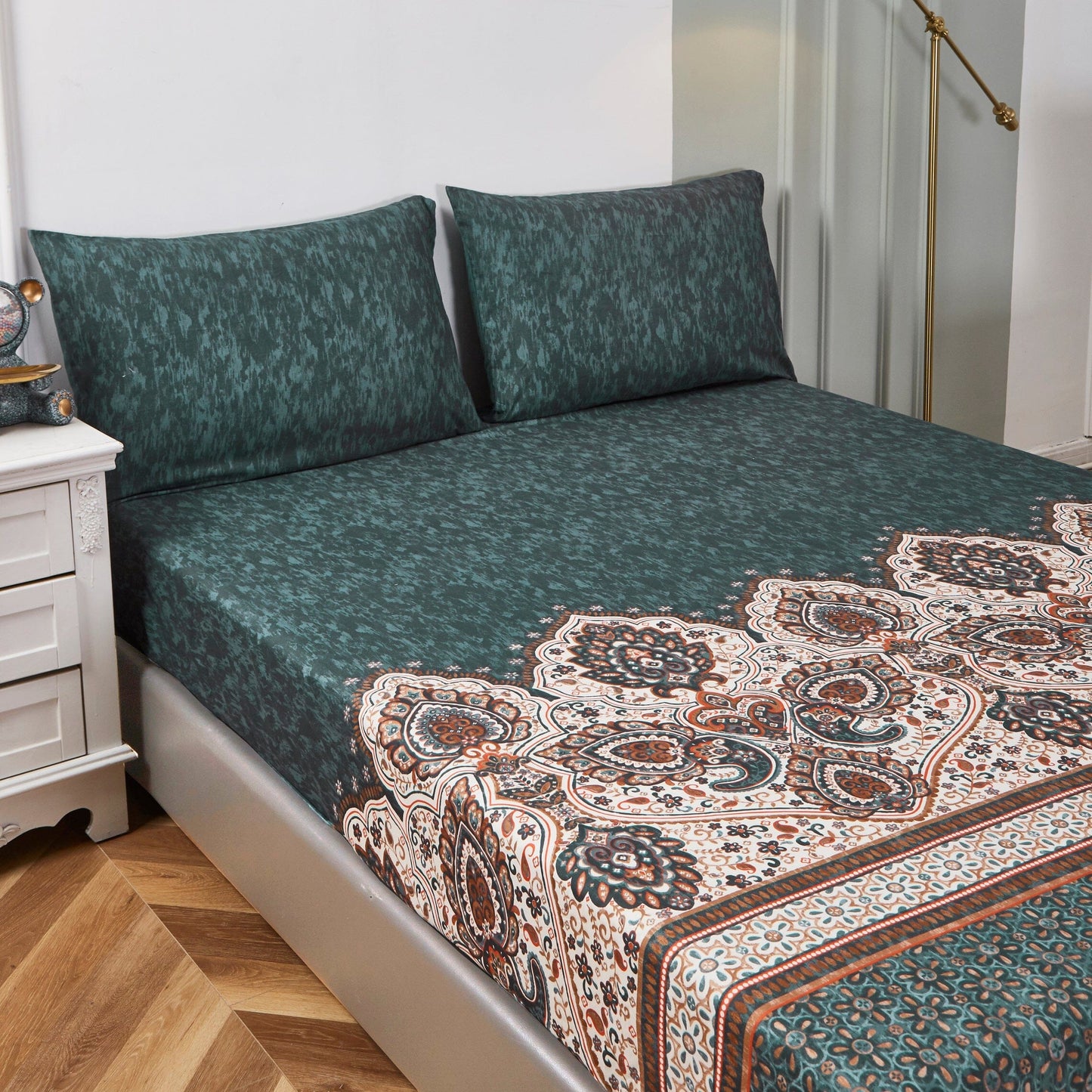 Tache Rustic Paisley Mandala Palace Floral Watercolor Dark Teal Fitted Sheet / Flat Sheet (KF174)
