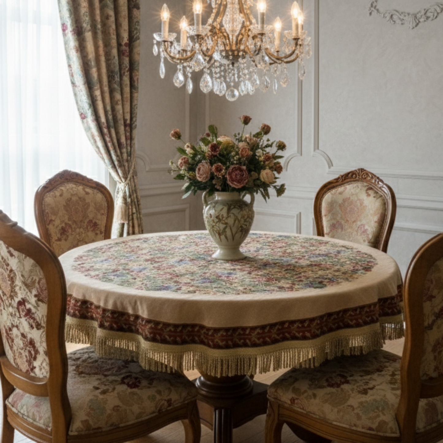 Cotton-Polyester Tapestry Tablecloth with Festive Red Yuletide Blooms