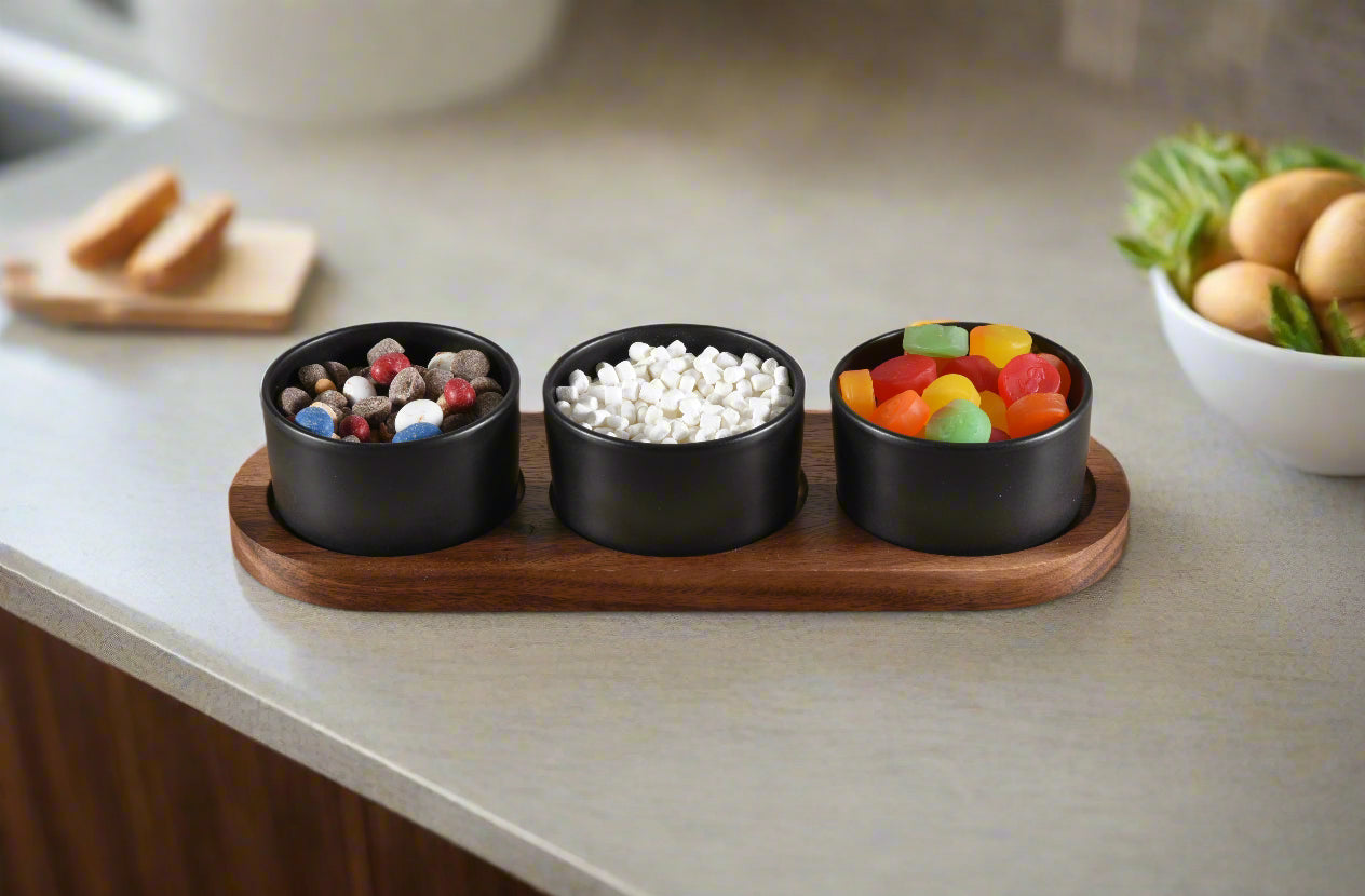 Acacia Wood & Ceramic Condiment Set