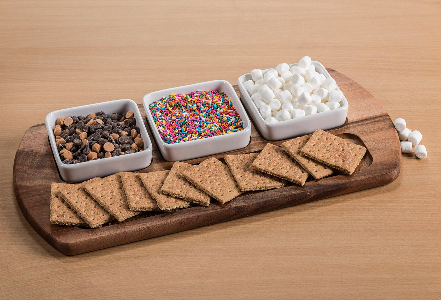 Acacia Wood Serving Tray with Three Ceramic Bowls