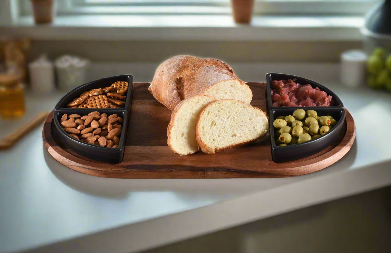 Acacia Wood Serving Tray with Triangular Ceramic Bowls