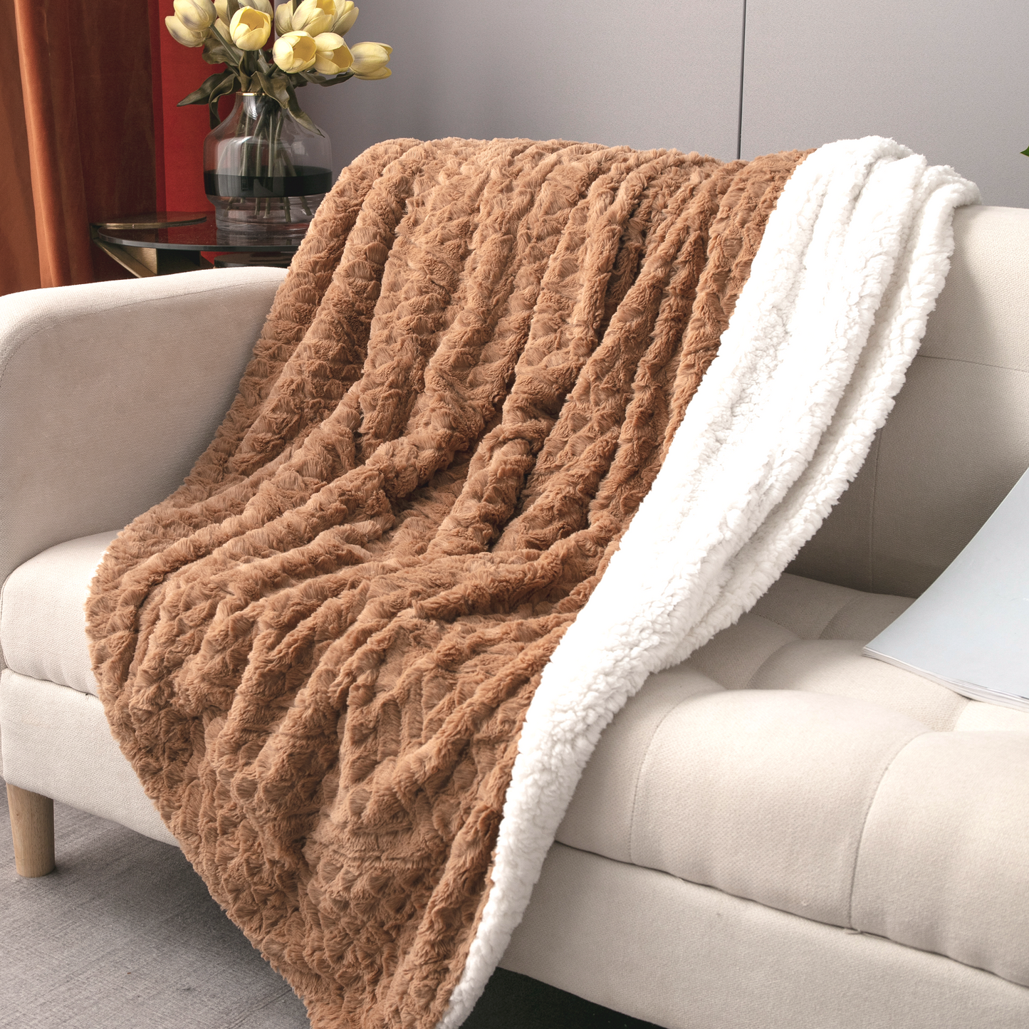 Tache Caramel Brown Faux Fur Throw Blanket Chevron Geometric Embossed (#10)