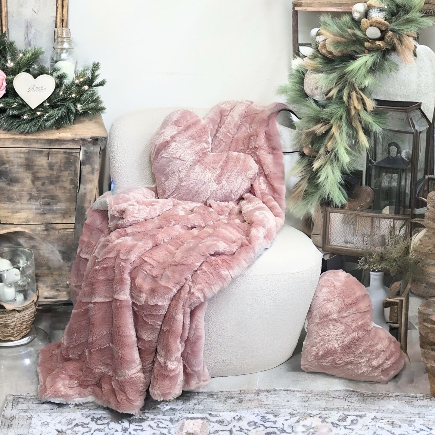 Tache Faux Fur Pink White Heart Shape Throw Pillow (#7)