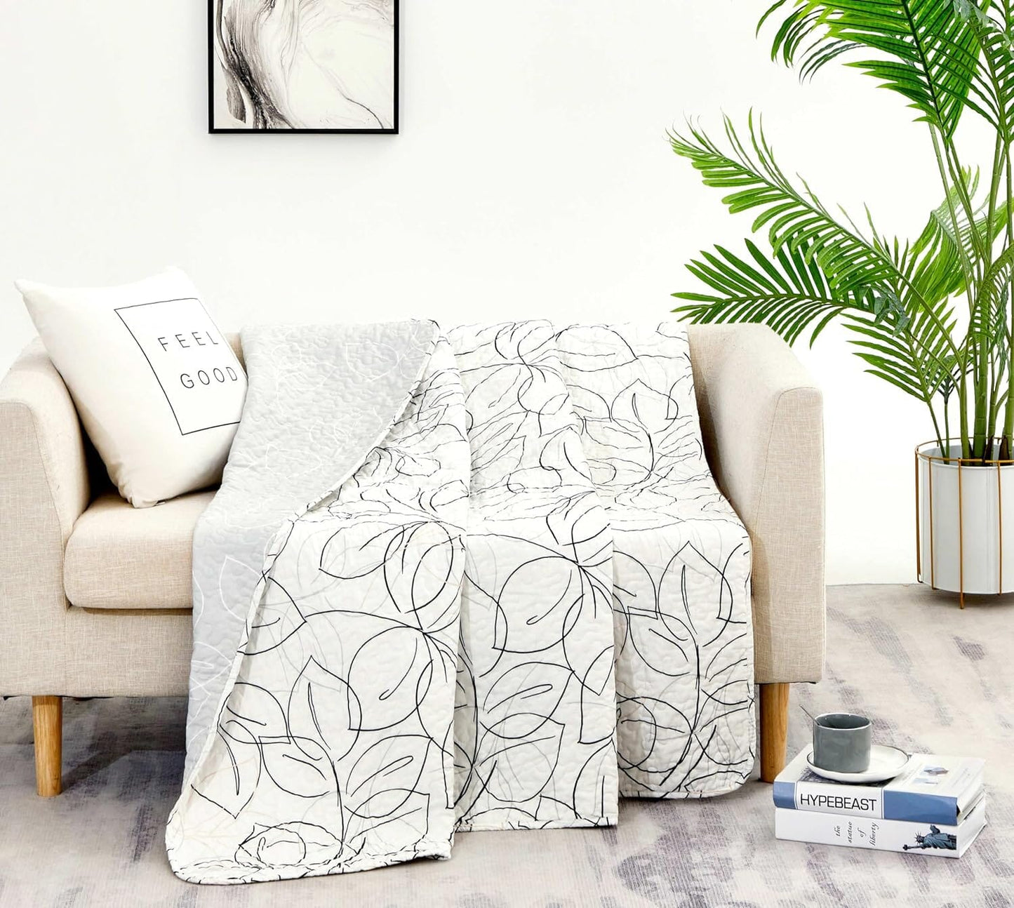 Tache Modern Abstract Leaf Line Art Foliage White Grey Black Gold Reversible Quilted Throw (TJ3571)