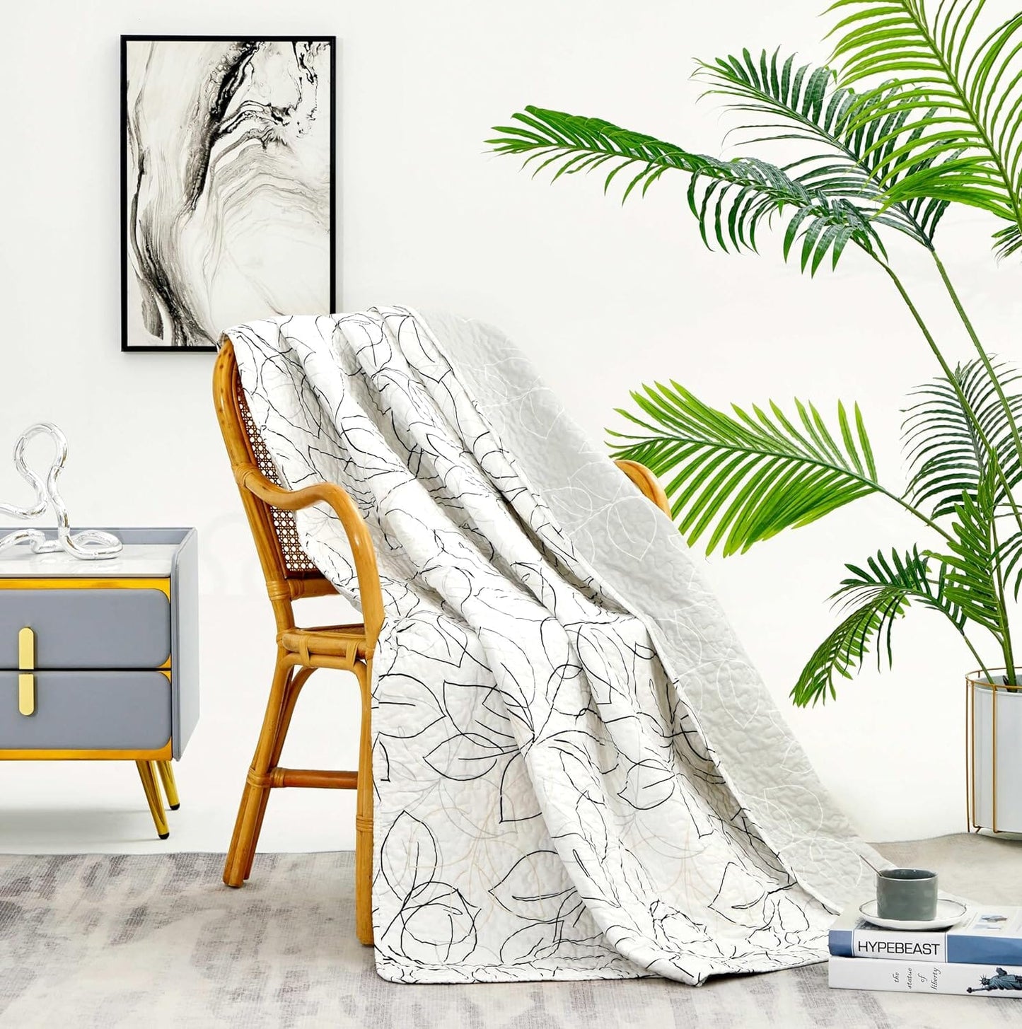 Tache Modern Abstract Leaf Line Art Foliage White Grey Black Gold Reversible Quilted Throw (TJ3571)