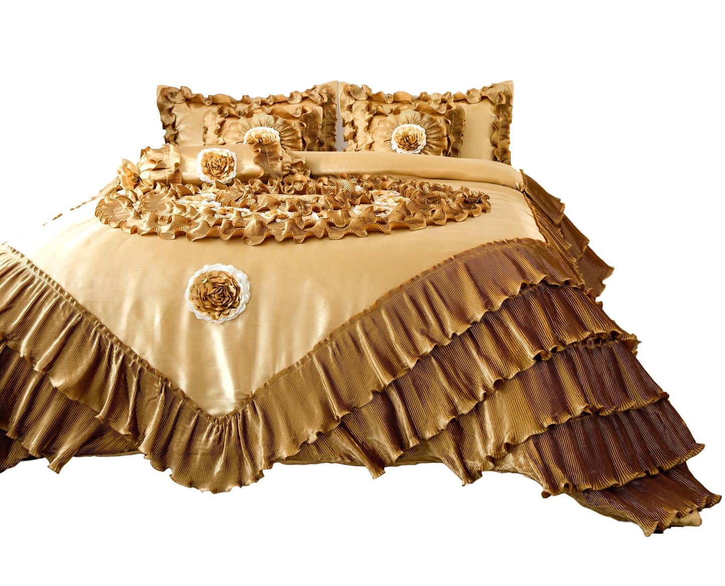 Tache Satin Ruffle Floral Gold Caramel Latte Comforter (BM4578)