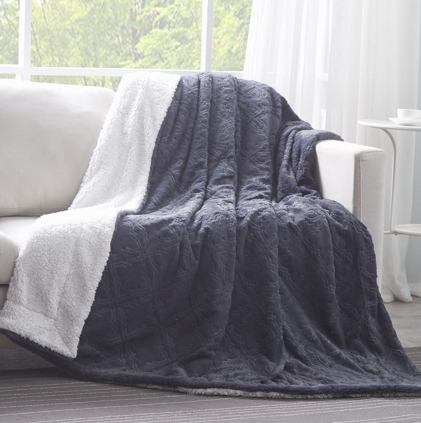 Tache Faux Fur Steel Navy Blue Diamond Trellis Pattern Throw Blanket (3390)