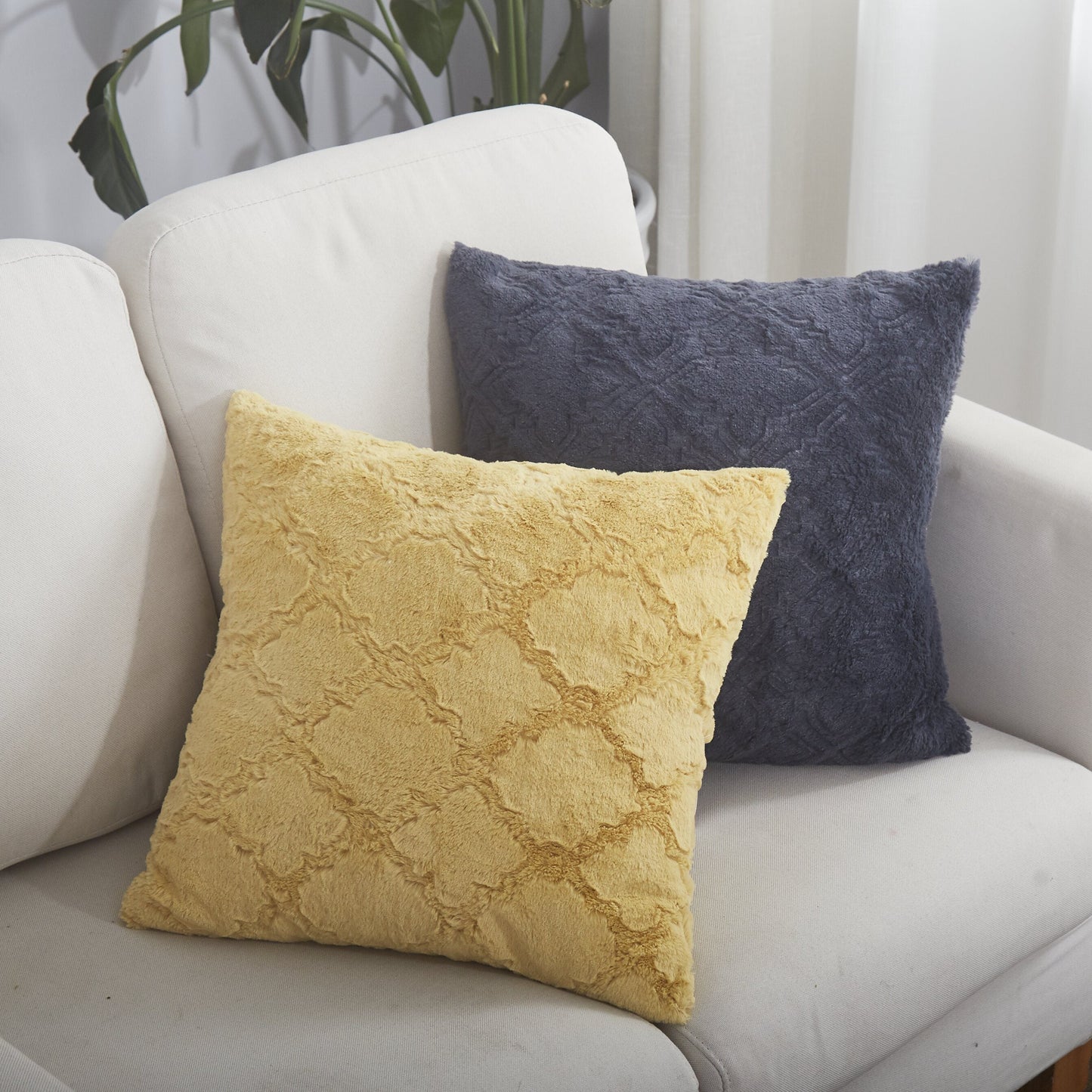 Mustard Yellow Faux Fur Moroccan Lattice Cushion Cover & Euro Sham