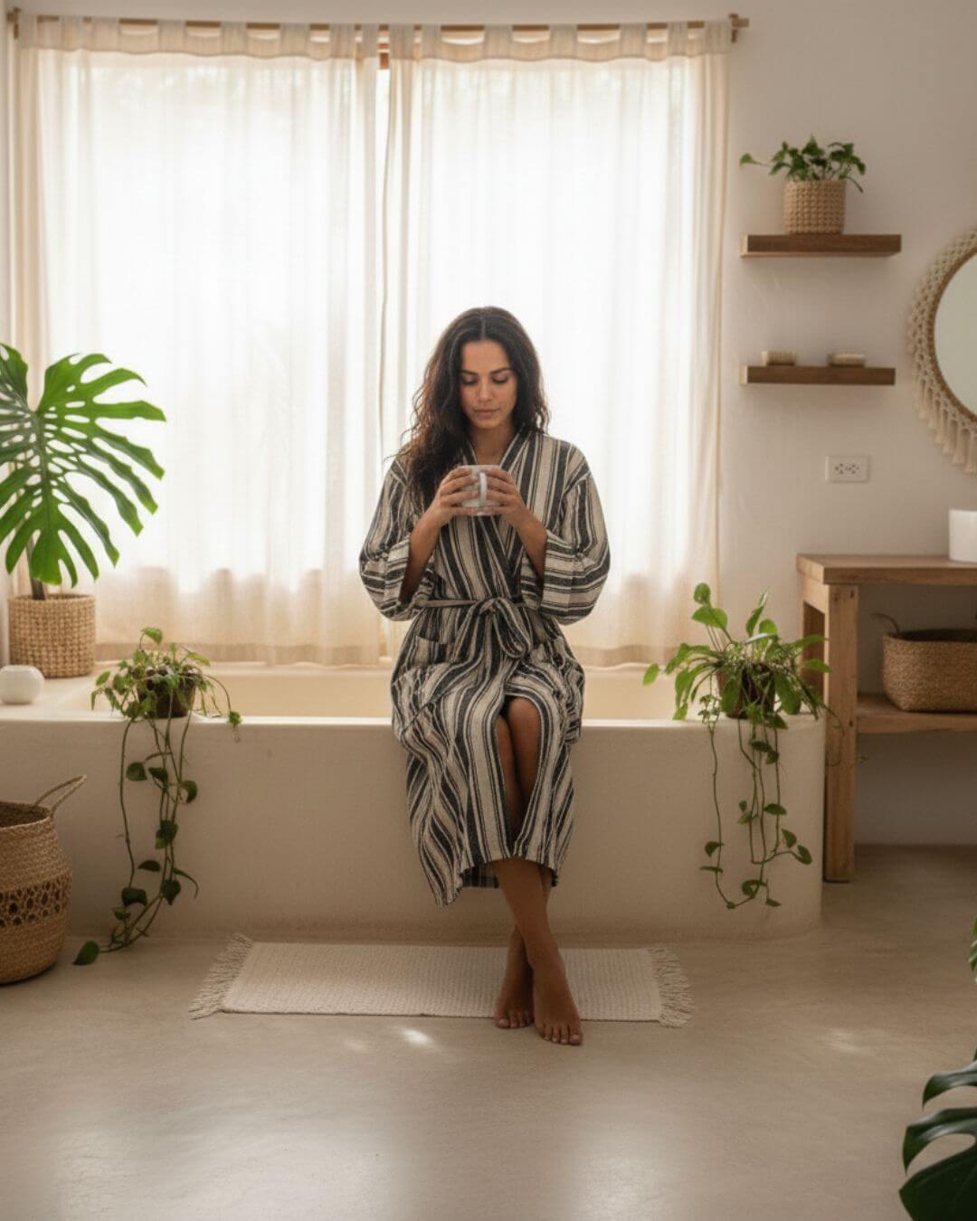 Cotton Linen Blend Kimono Bathrobe – Lightweight, Hand Woven