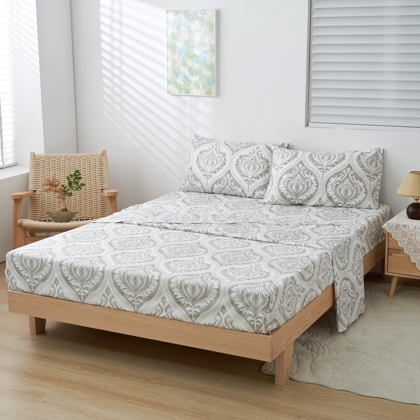 Tache Dreamy Moon Sky Ogee Damask Heather Gray White Bed Sheet Set (TB300)