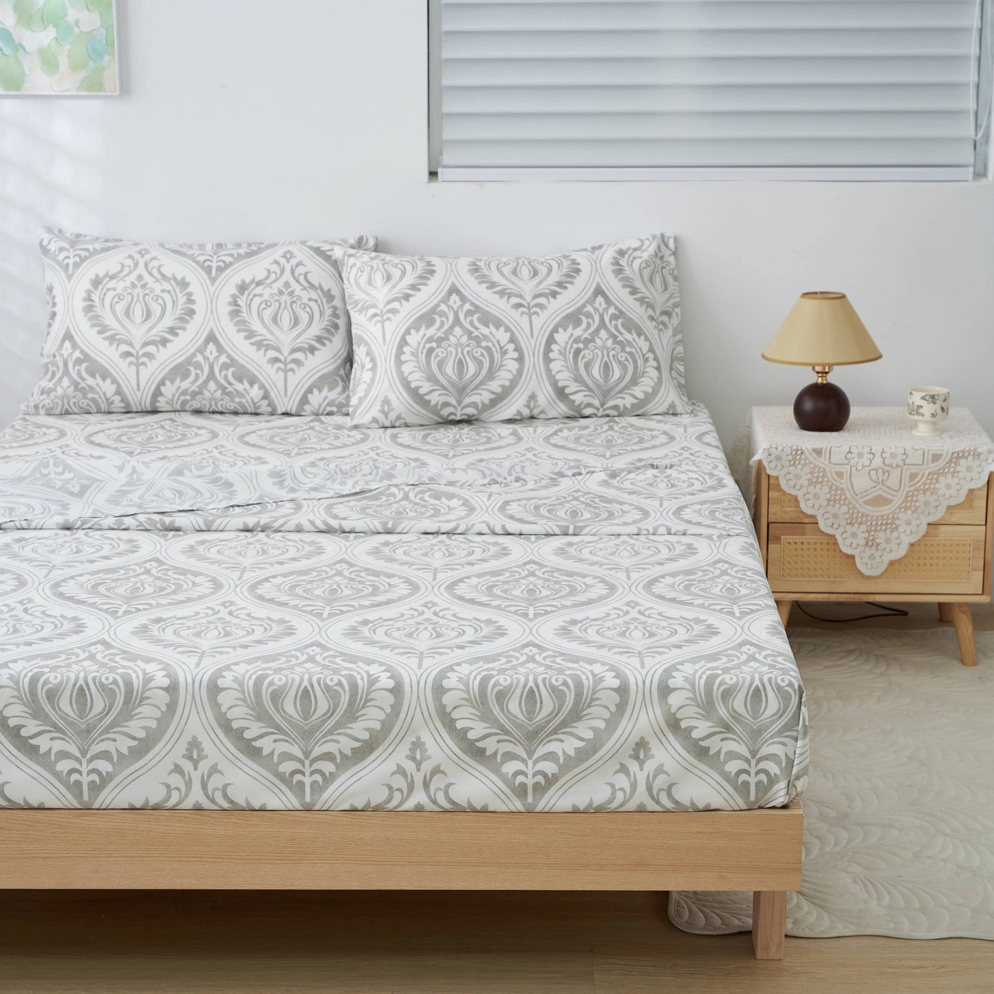 Tache Dreamy Moon Sky Ogee Damask Heather Gray White Bed Sheet Set (TB300)
