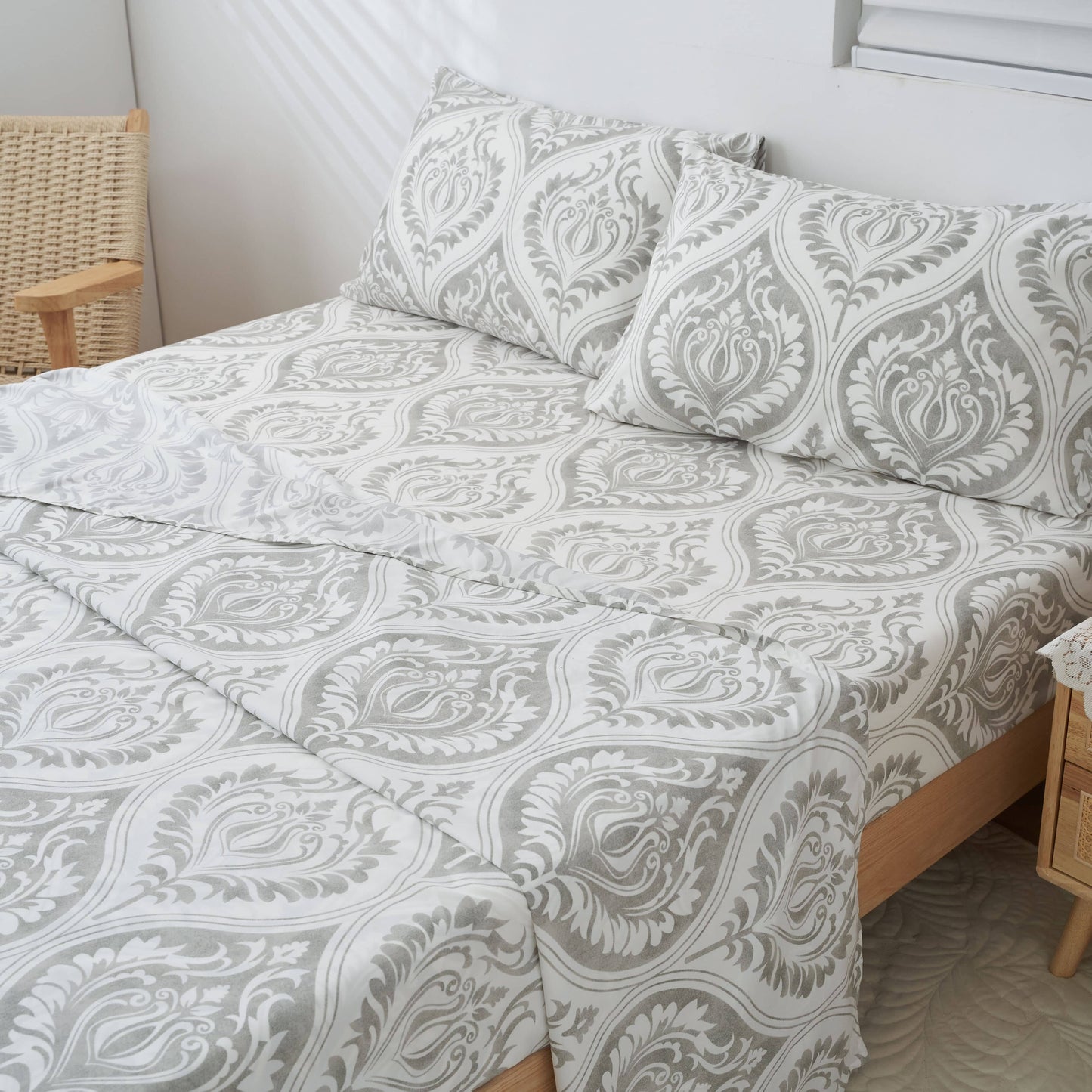 Tache Dreamy Moon Sky Ogee Damask Heather Gray White Bed Sheet Set (TB300)