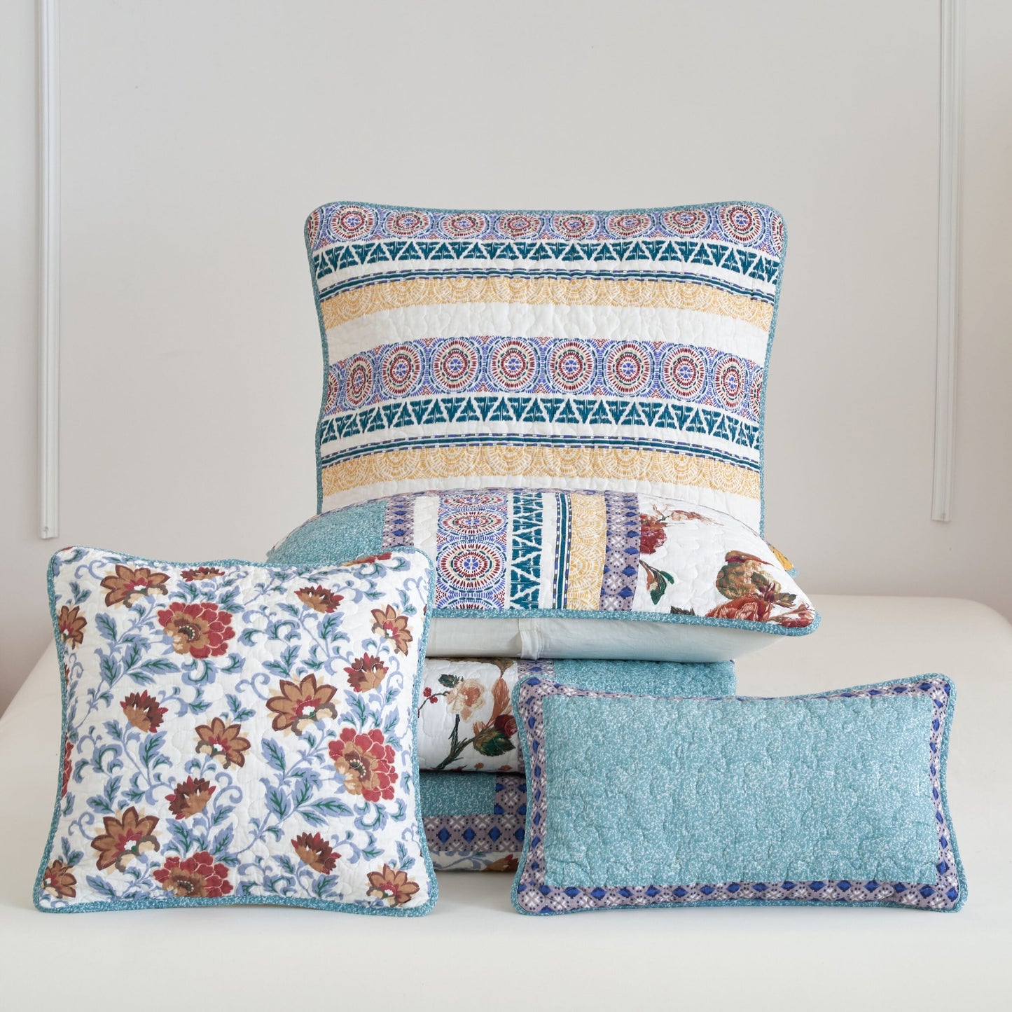 Tache Cotton Turquoise Blue Geometric Patchwork Border Old World Lumbar Pillow Sham (JHW-936)