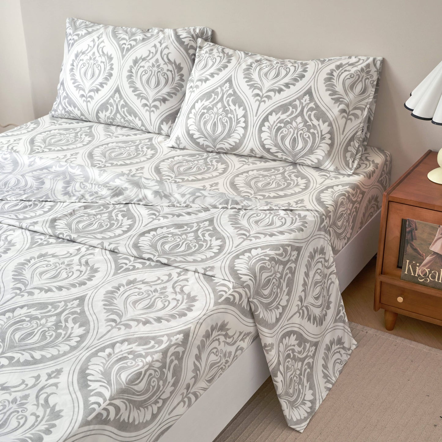 Tache Dreamy Moon Sky Ogee Damask Heather Gray White Bed Sheet Set (TB300)