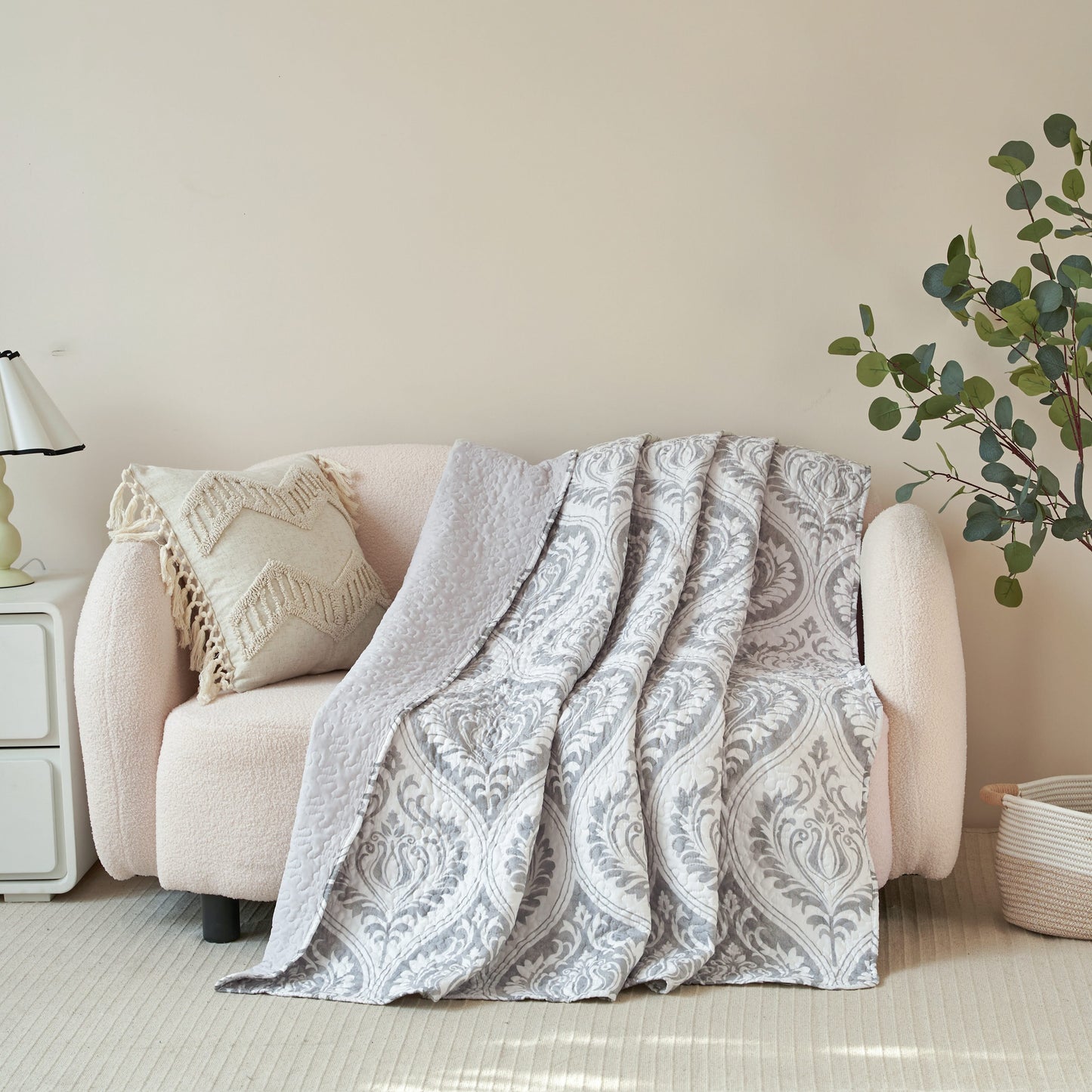 Tache Dreamy Moon Sky Ogee Damask Heather Gray White Quilted Throw Blanket (TB300)