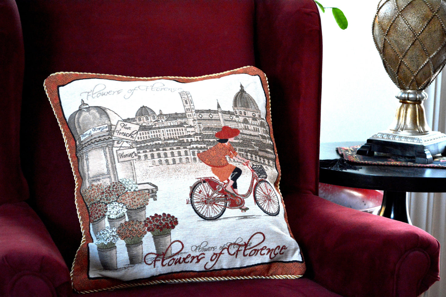 Tache Flowers of Florence Italy Skyline European Postcard Woven Tapestry Throw Pillow Cover (14003)