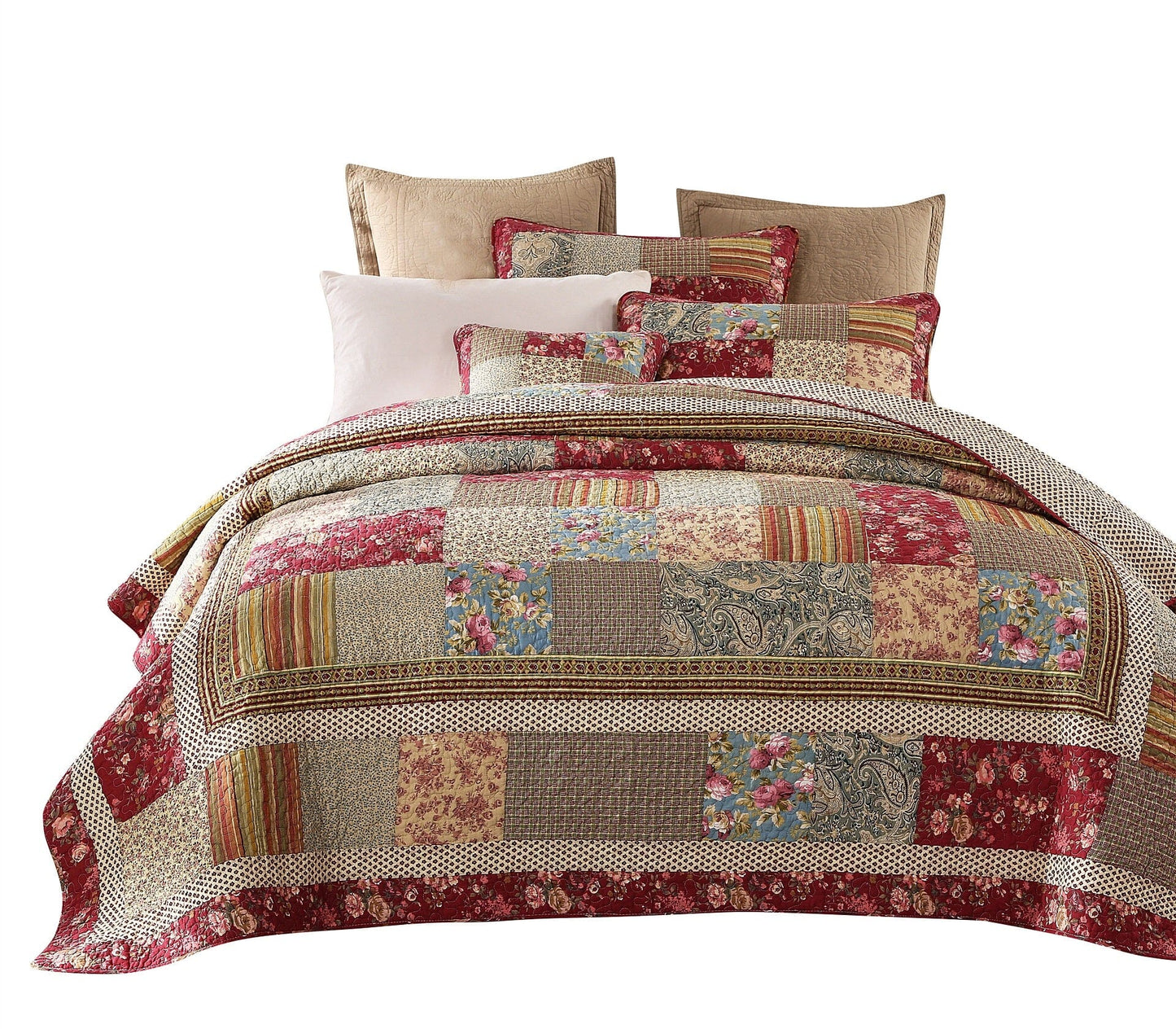 Tache Fairy Tale Tea Party Beige Burgundy Paisley Floral Cotton Patchwork Quilt Set (DXJ103443)