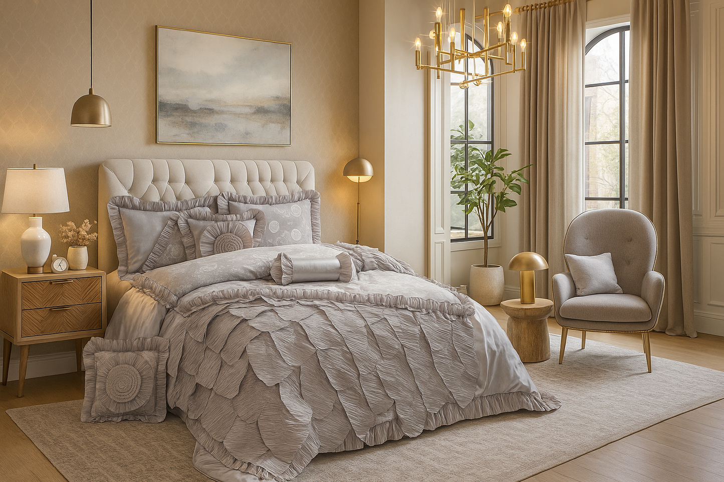 Polyester Satin Ruffle Rose Petals Comforter Set in Silver