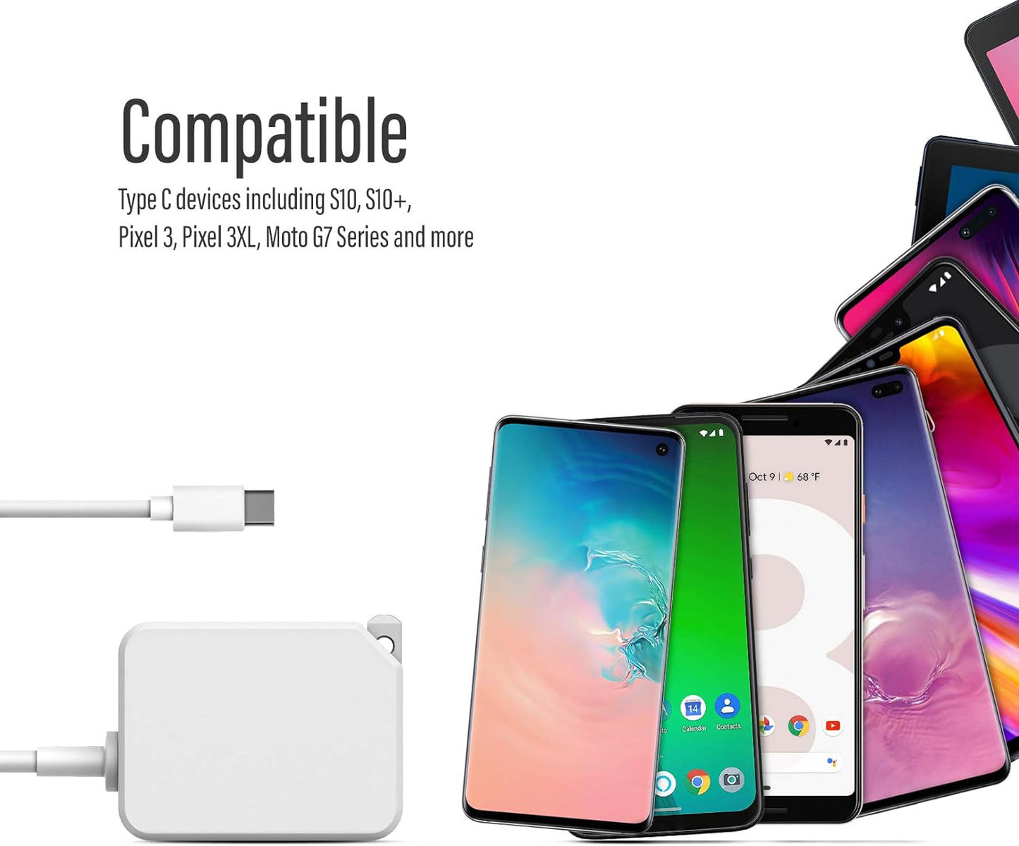 Rapid Charger for All Google Pixel Models | Wall Plug Travel Adapter with Folding Prongs | Built in USB-C Cable for Pixel 2,3,3a,4,4XL,4a, 5G,5/5a/6/6a/7a/7/8/ 8 Pro (PD 18W Output)