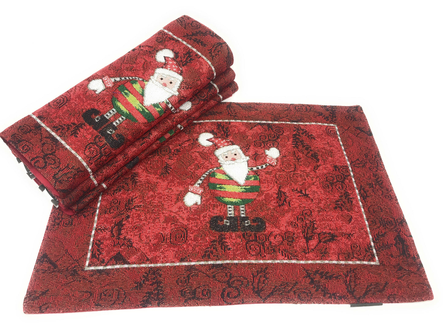 Tache Here Comes Santa Claus Vintage Holiday Woven Tapestry Red Christmas Placemat Set of 4 (8577PM)