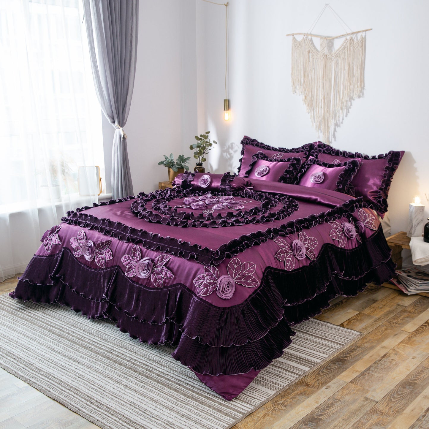 Tache Satin Ruffle Dark Purple Floral Midnight Bloom Comforter (BM-6438)