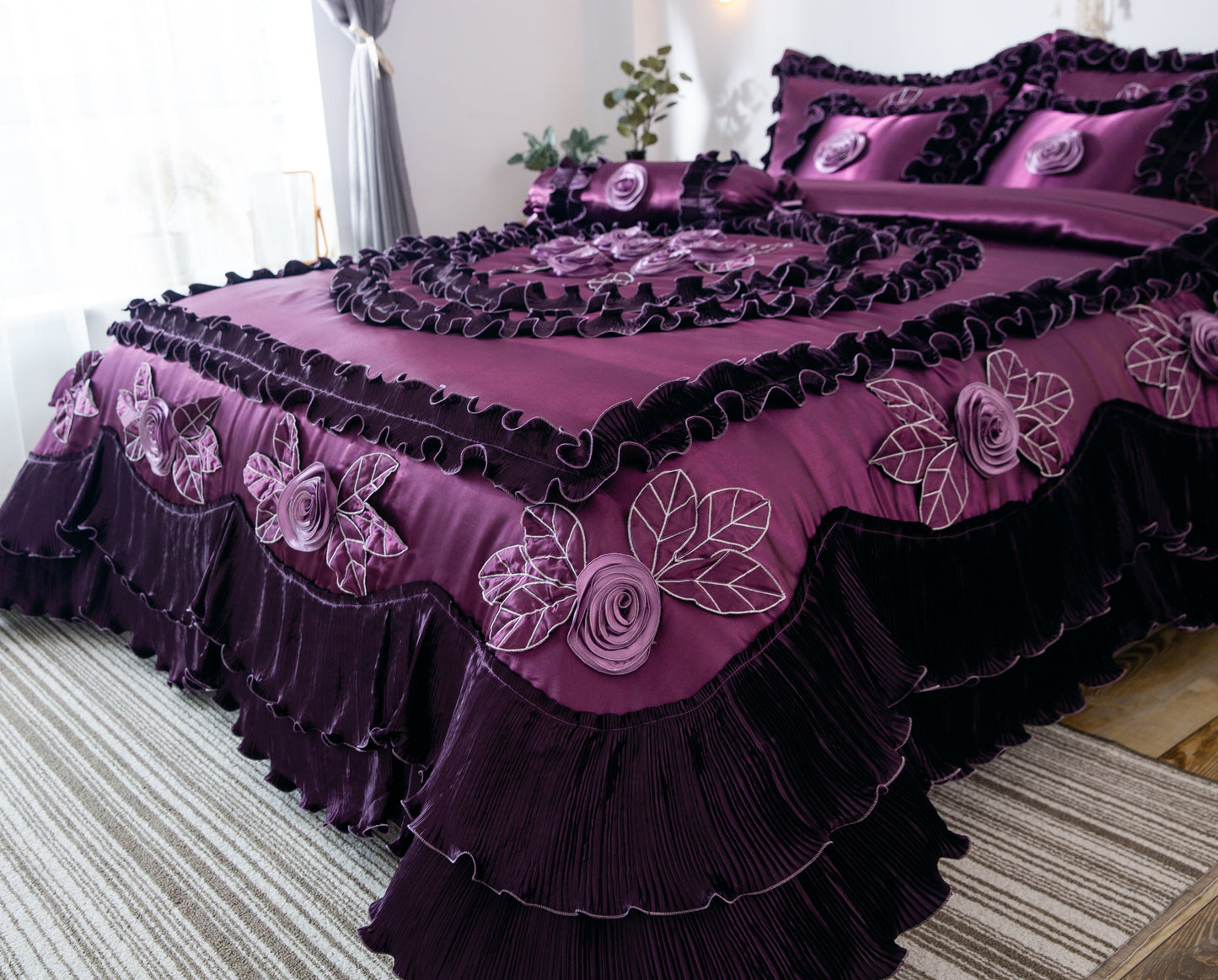 Tache Satin Ruffle Dark Purple Floral Midnight Bloom Comforter (BM-6438)