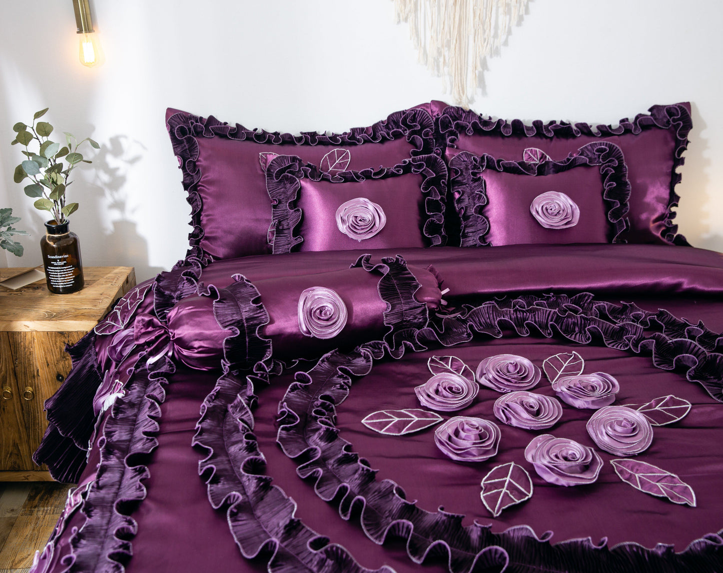 Tache Satin Ruffle Dark Purple Floral Midnight Bloom Comforter (BM-6438)