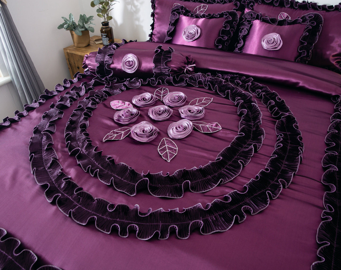 Tache Satin Ruffle Dark Purple Floral Midnight Bloom Comforter (BM-6438)