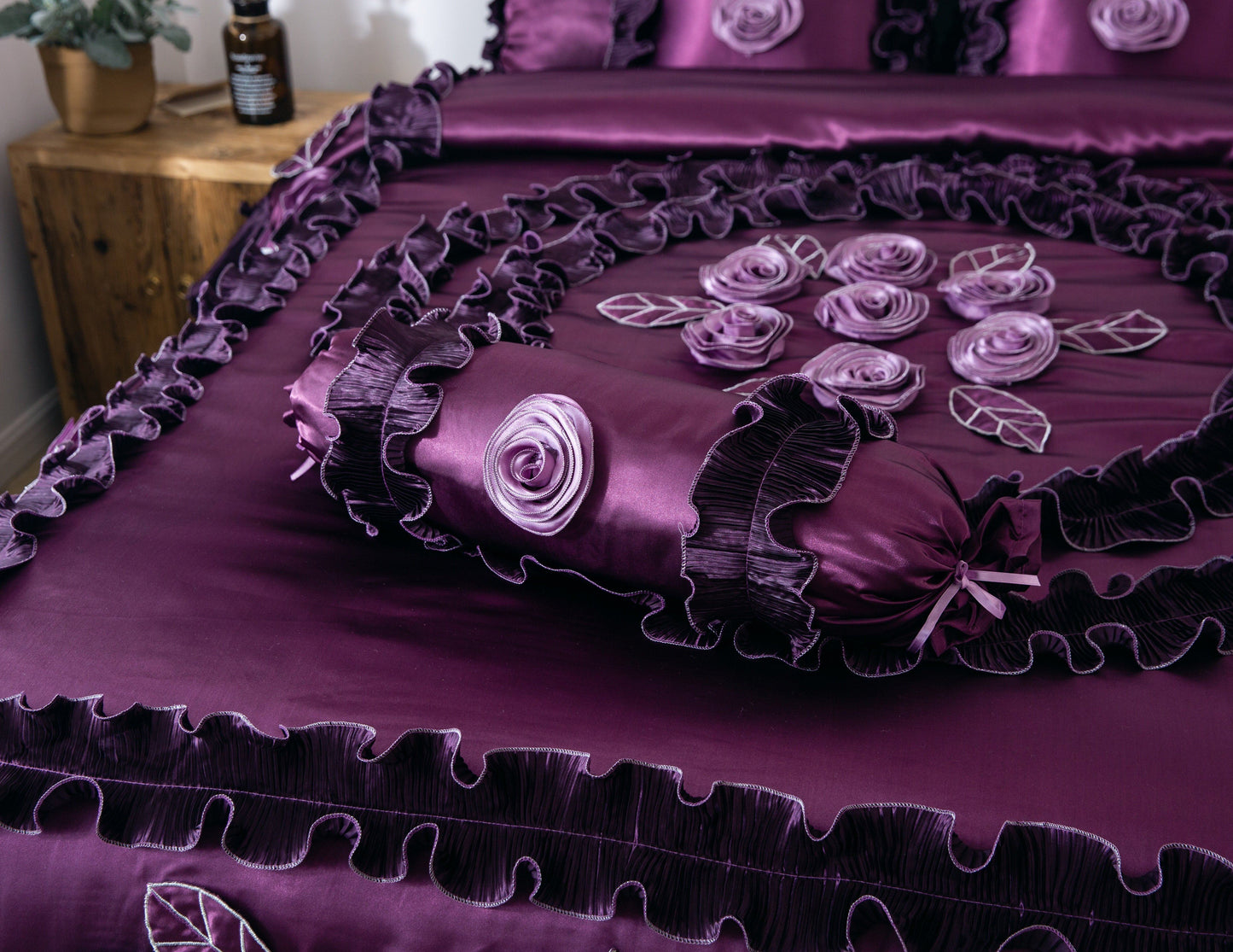 Tache Satin Ruffle Dark Purple Floral Midnight Bloom Comforter (BM-6438)