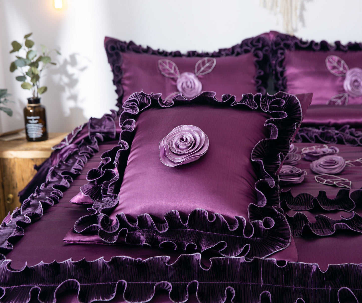 Tache Satin Ruffle Dark Purple Floral Midnight Bloom Comforter (BM-6438)