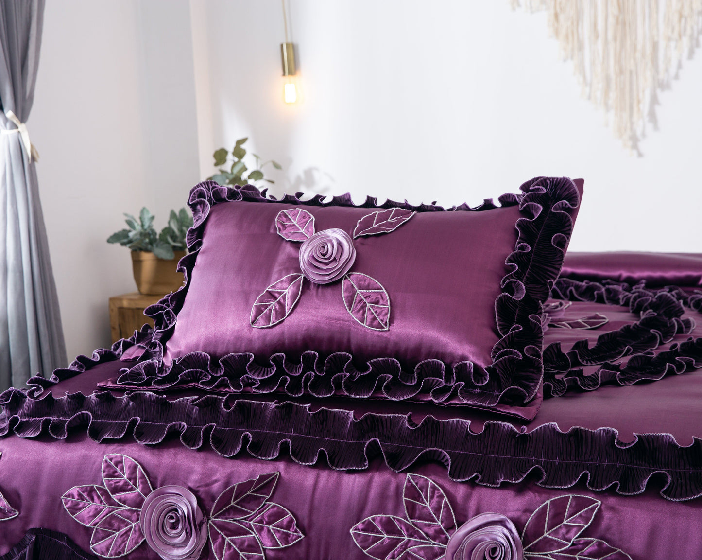 Tache Satin Ruffle Dark Purple Floral Midnight Bloom Comforter (BM-6438)