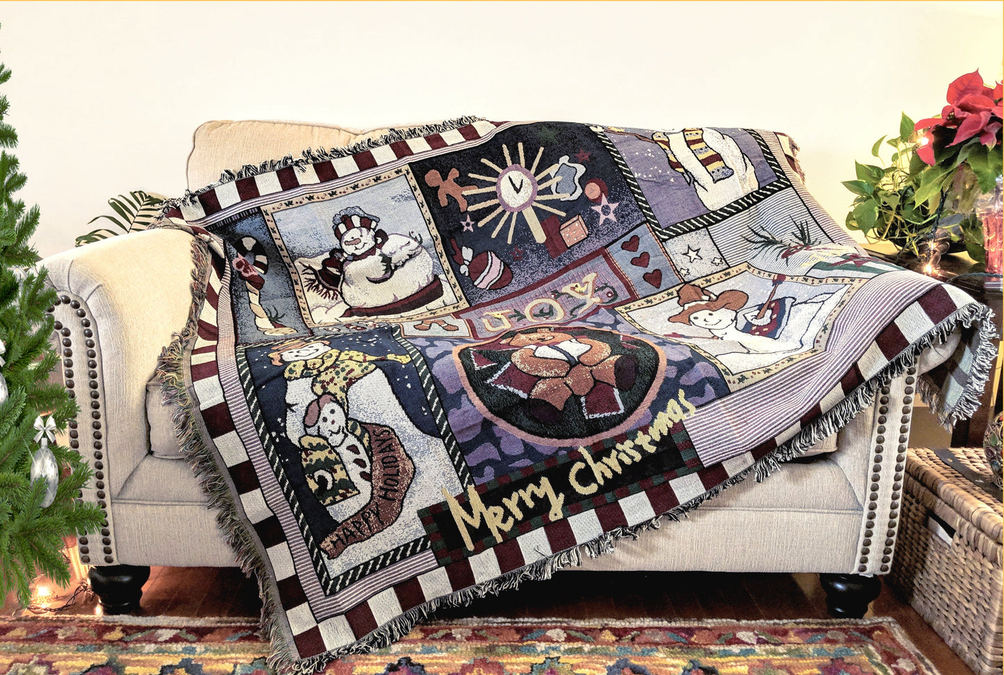 Tache Wonderful Season Snowman Tapestry Throw Blanket with Fringe (2270)