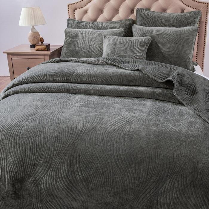 Dark Taupe Polyester Velvet Pillow Sham with Wavy Design