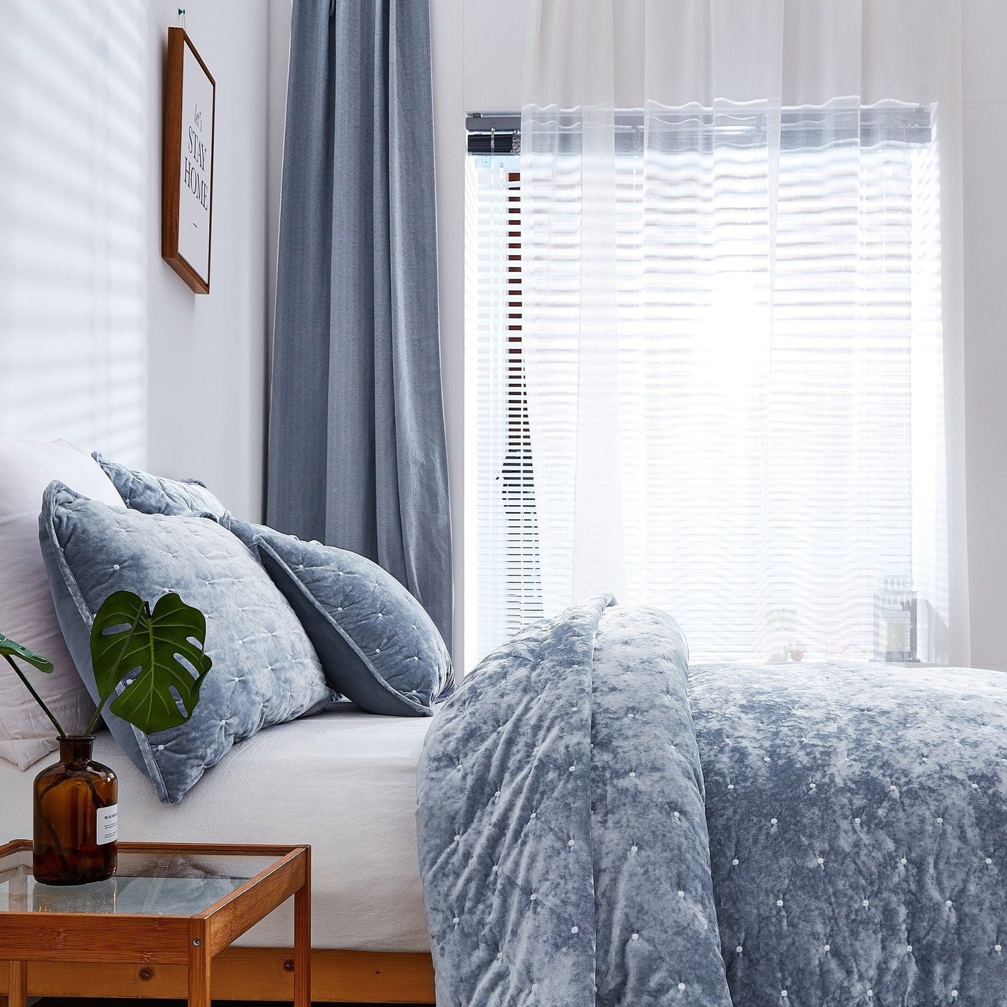 Light Powder Blue Plush Velvet Diamond Tufted Pillow Sham