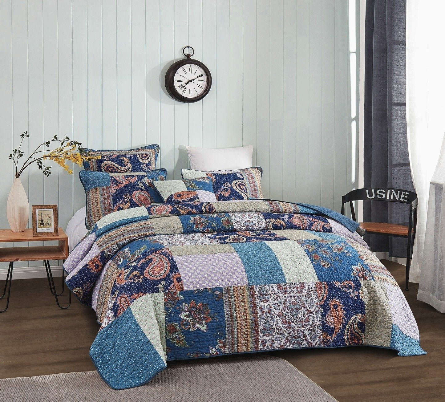 Tache Bohemian Night Flower Paisley Floral Navy Blue Pastel Cotton Patchwork Quilt Set (JHW-882)